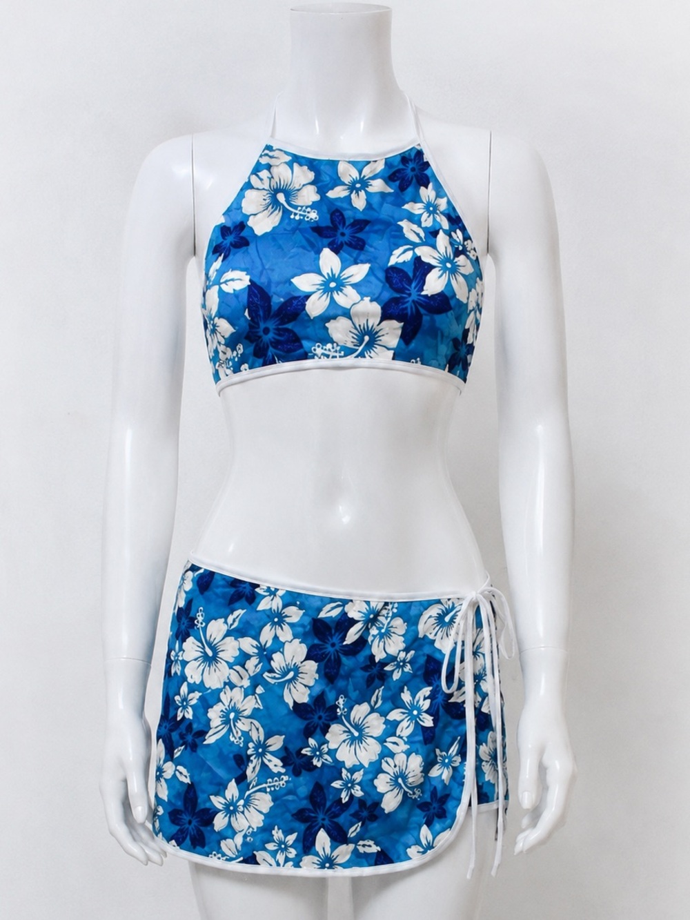 1990s Floral Hawaiian Blue Halter Top & Wrap Skirt Swim Set